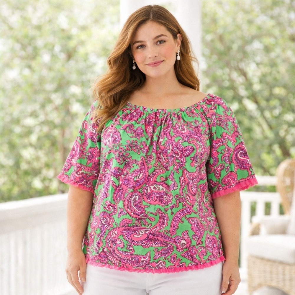 Crown & Ivy Paisley Peasant Top Pink Green Boho Blouse Women's Petite Large